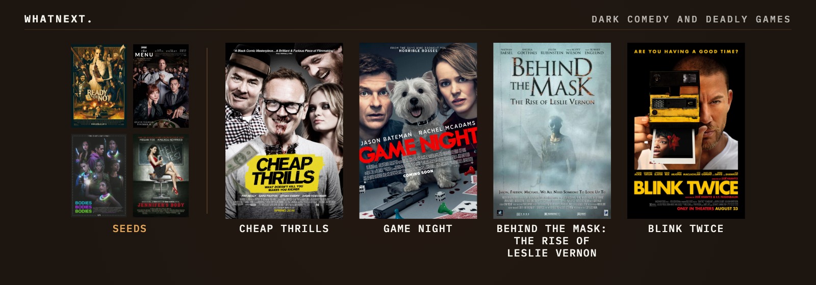 If you liked Ready or Not, The Menu, Bodies Bodies Bodies, and Jennifer's Body: Cheap Thrills, Game Night, Behind the Mask: The Rise of Leslie Vernon, Blink Twice