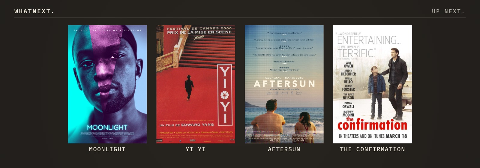Try these: Moonlight, Yi Yi, Aftersun, and The Confirmation