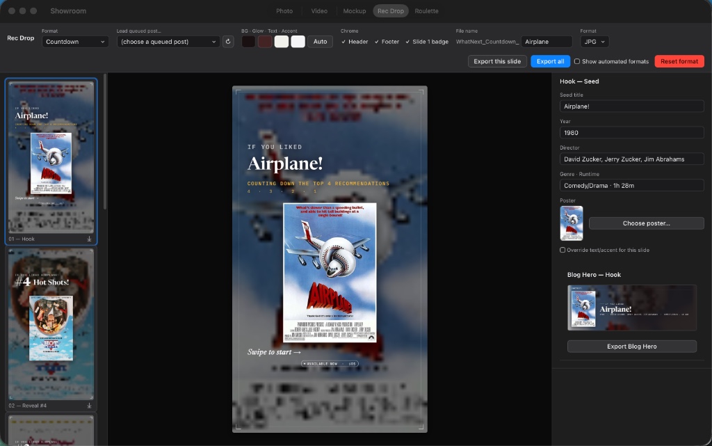Showroom: custom macOS desktop app built to generate movie recommendation social carousels and editorial assets
